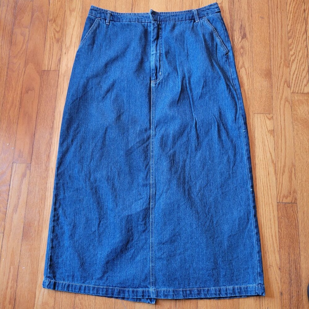 Kim Rogers 16 Blue Jean Denim Skirt Pockets Belt Loops Back Slit‎ Yellowstone